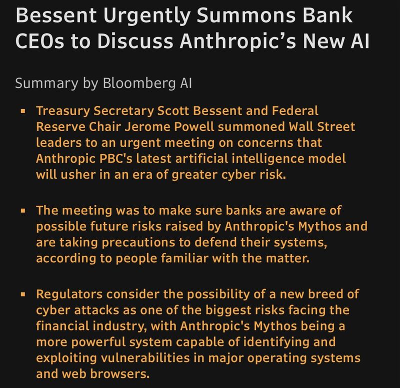 BESSENT SUMMONED WALL STREET CEOS TO DISCUSS ANTHROPIC’S MYTHOS