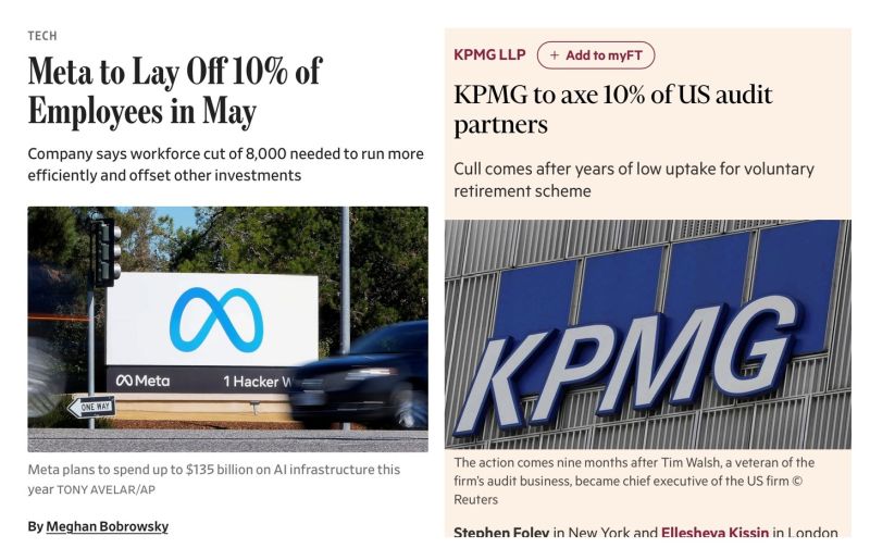 KPMG is laying off 10% of their audit partners. Meta is also laying off 10% of their employees.
