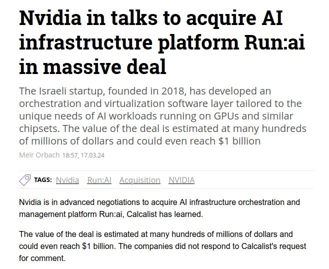 Nvidia $NVDA in talks to acquire Israeli startup Run:ai in a deal that could be worth up to a billion dollars