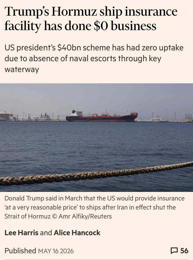 Two months after Trump announced that the US would provide insurance to ships seeking to transit the Strait of Hormuz, the programme has not provided a single dollar of cover.