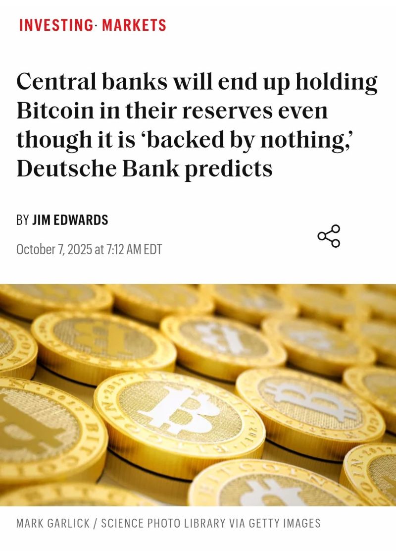 Bitcoin will become a “pillar of financial security,” like gold, and be included in international monetary institutions' official reserves by 2030, per Deutsche Bank.