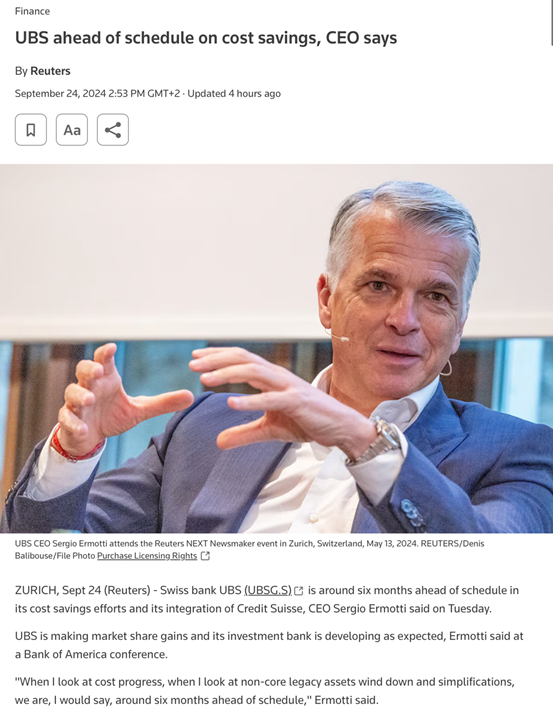 UBS is ahead of schedule on cost savings according to CEO S. Ermotti