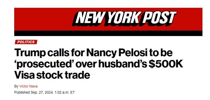 Former President Donald Trump just called for Nancy Pelosi to be prosecuted for insider trading, citing her recent sale of Visa $V shares right before the DOJ lawsuit. 👀