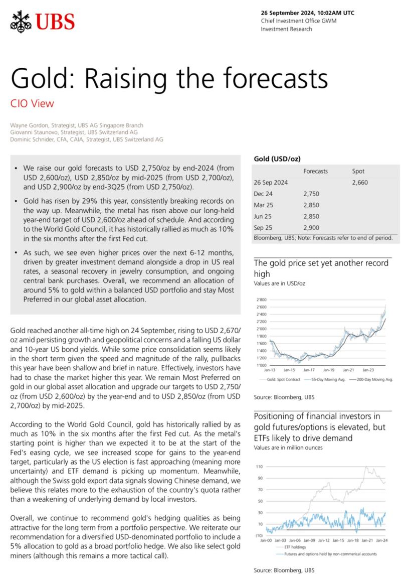 UBS raises its gold targets