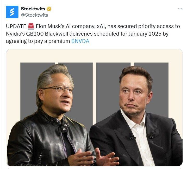 UPDATE >>> Elon Musk's AI company, xAI, has secured priority access to Nvidia's GB200 Blackwell deliveries scheduled for January 2025 by agreeing to pay a premium