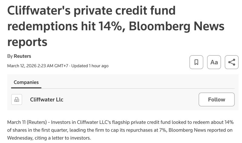 Another one!! $33 Billion Cliffwater Private Credit Fund limits redemptions to 7%, half of what came in Blue Owl, Blackstone, BlackRock, JP Morgan, Cliffwater... so what's going on?