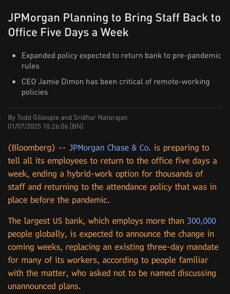 $JPM JPMorgan is preparing to tell all its employees to return to the office 5 days a week