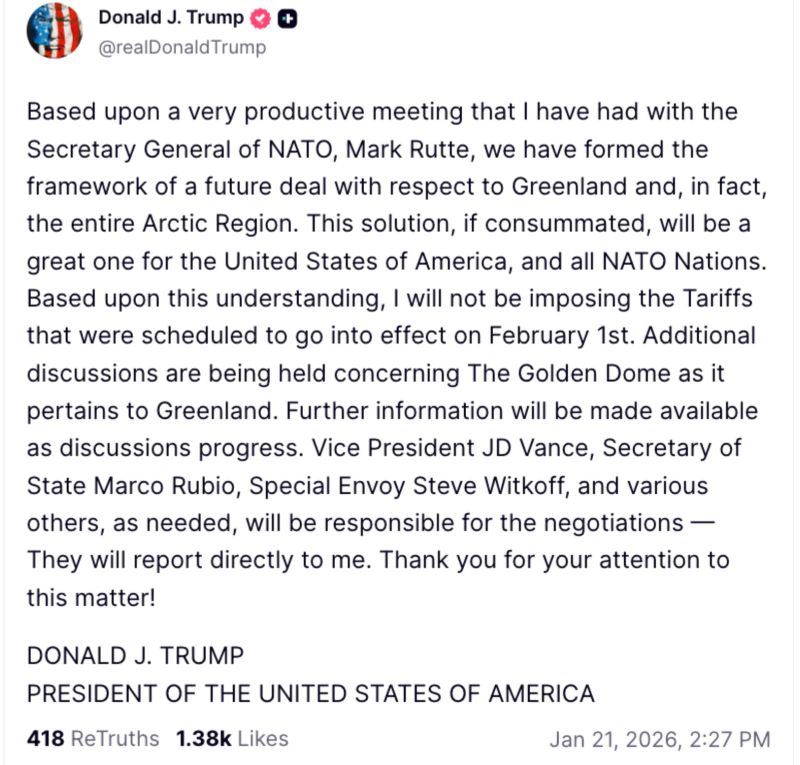 Trump says he reached Greenland deal ‘framework’ with NATO, backs off Europe tariffs