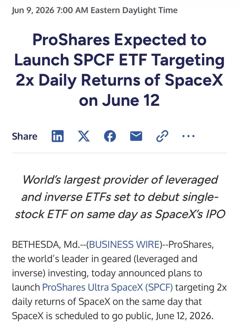 ProShares issued press release indicating it plans to launch 2x leveraged SpaceX ETF on *same day* as IPO.