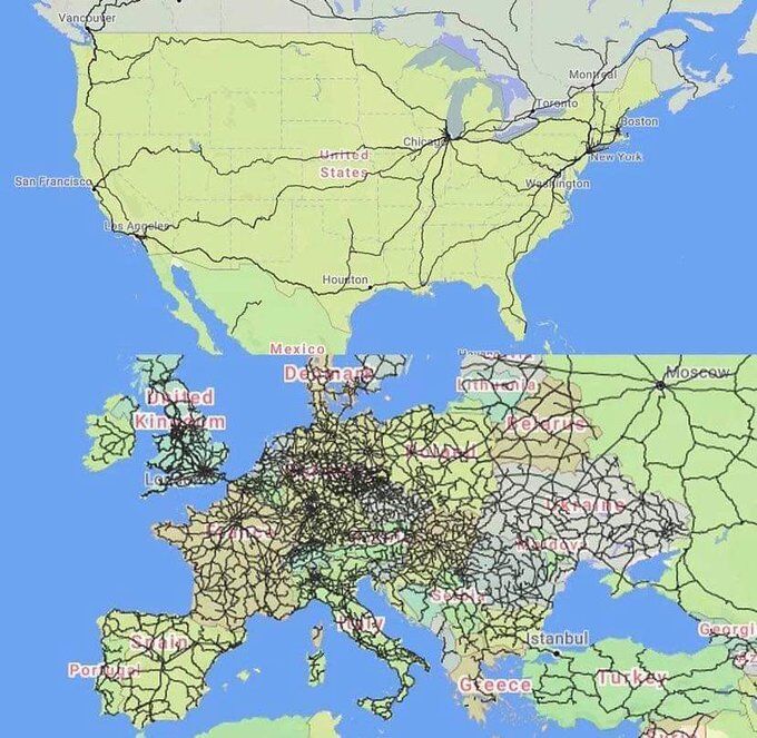 Passenger train lines in the USA vs Europe