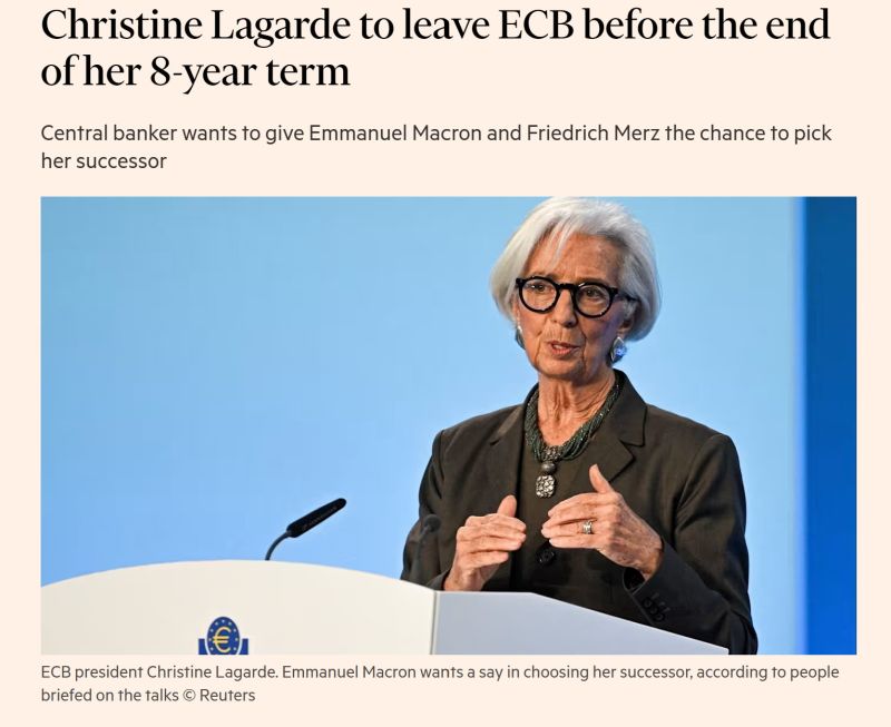 Christine Lagarde is expected to leave the ECB before her term ends in 2027, aiming to give Emmanuel Macron and Friedrich Merz the opportunity to choose her successor.