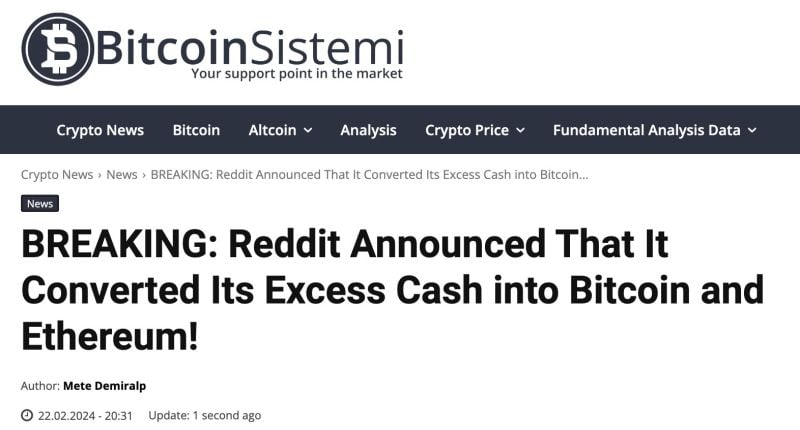 JUST IN: Reddit converted its excess cash into Bitcoin $BTC and Ethereum $ETH