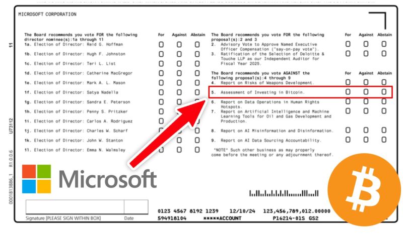 👉 JUST IN: Microsoft asks shareholders to vote on whether to consider investing in Bitcoin!