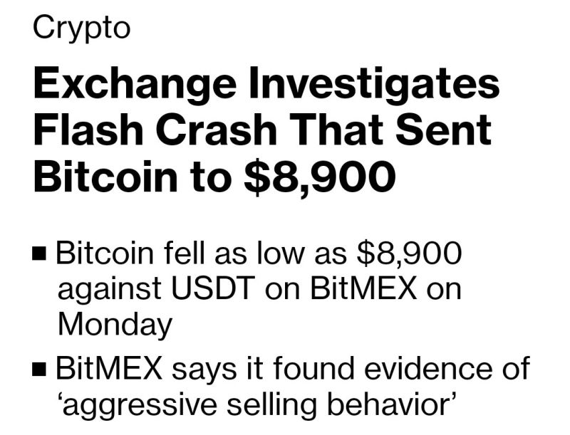 A crypto exchange is investigating a flash crash that sent Bitcoin down to $8,900 yesterday...