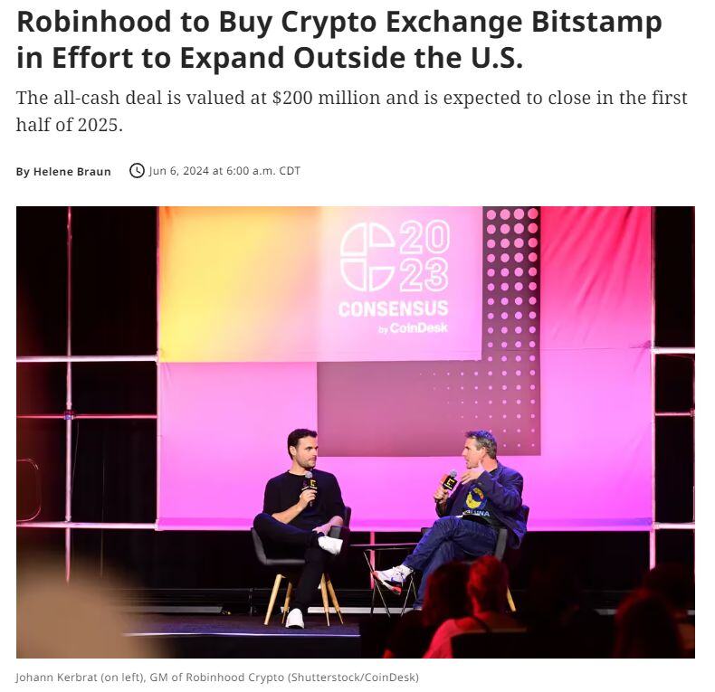 Robinhood $HOOD has acquired cryptocurrency exchange Bitstamp for $200 million