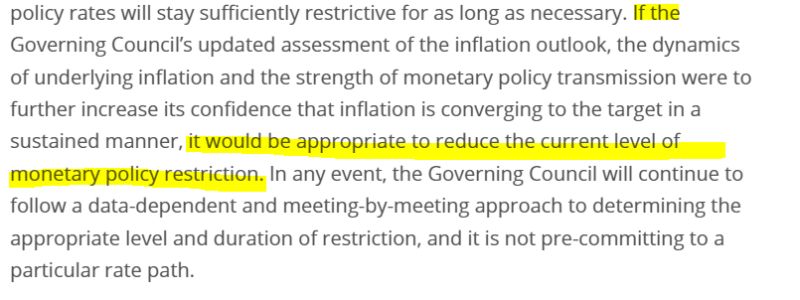 BREAKING >>> ECB rates unchanged as expected but ECB gives quite explicit indication of coming rate cut in June - unless they are surprised. No rate cut size given.