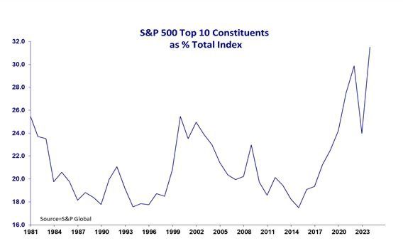 The top 10 stocks in the S&P 500 now account for a record 31% of the ENTIRE index