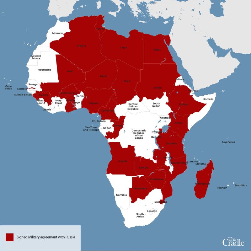 A map of African countries that have signed military agreements with Russia.