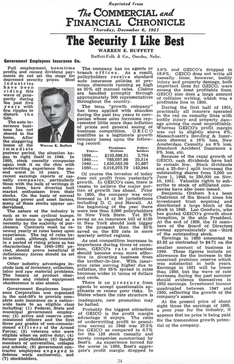 The young Warren Buffett with GEICO Analysis - a simple one-pager, so much powerful than an endless investment analysis