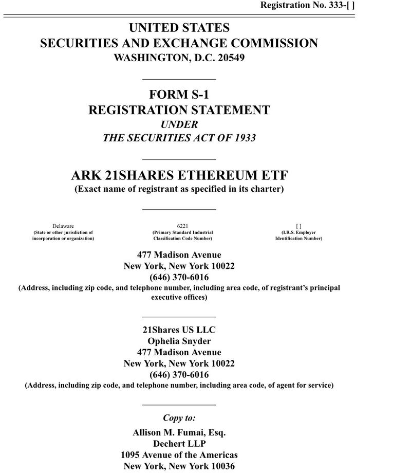 ARK just filed for a Spot Ether ETF, the first one.. it is highly likely that more filing will soon come