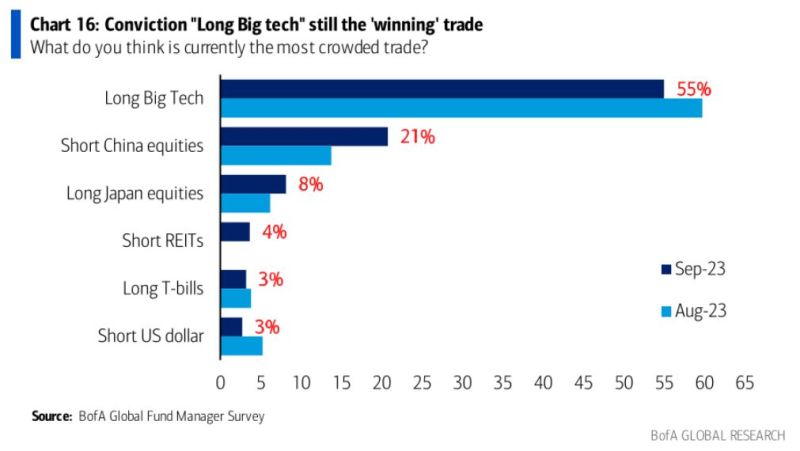 Long Big tech is now the most crowded trade in the latest Global Fund Manager Survey by BofA