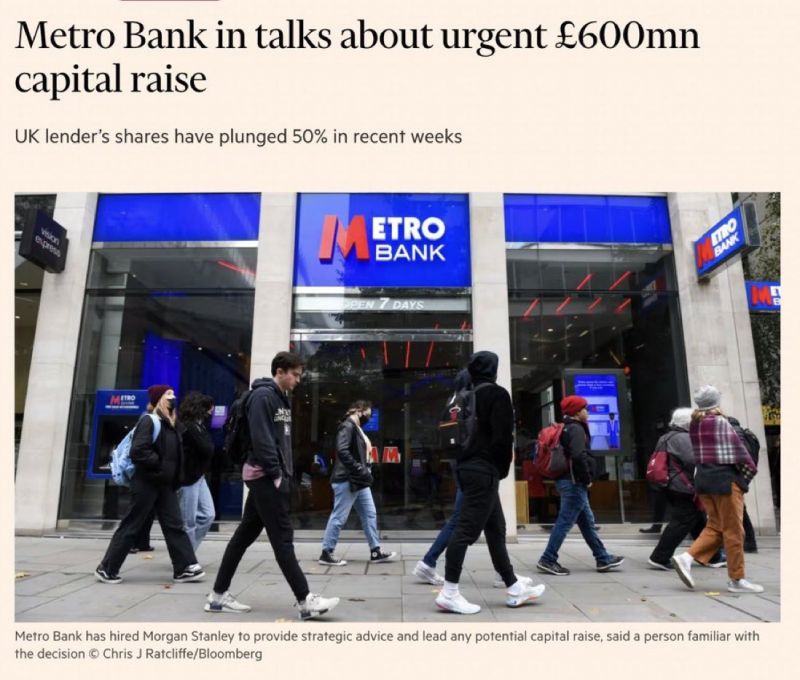 BREAKING: UK Metro Bank shares plunge 50% as it tries to urgently raise £600m capital