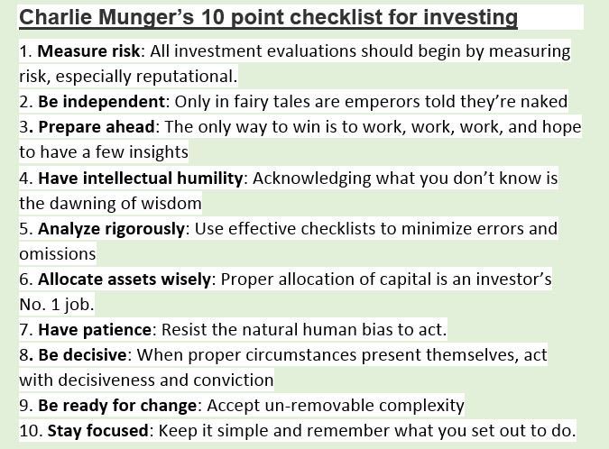 Charlie Munger's 10 Point checklist for investing