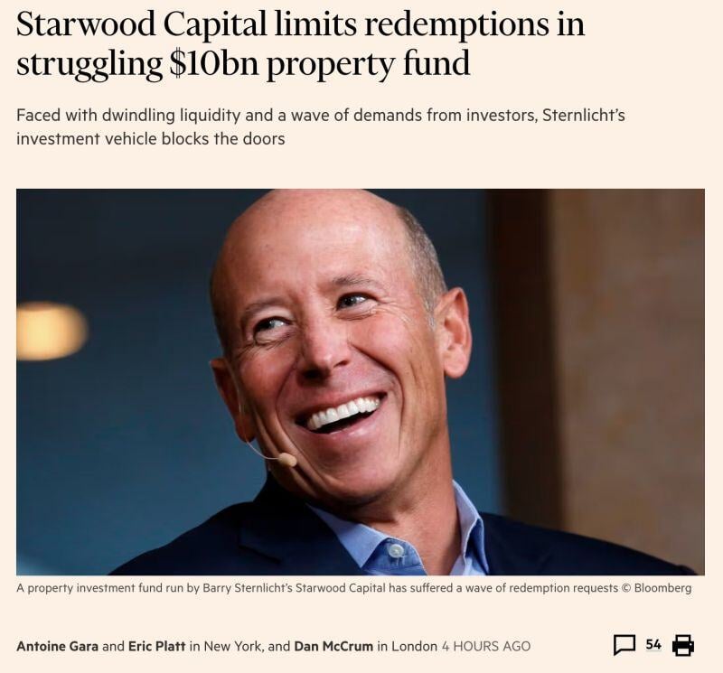 Starwood Capital limits investor redemptions by up to 80% in its 10 Billion Property Fund...