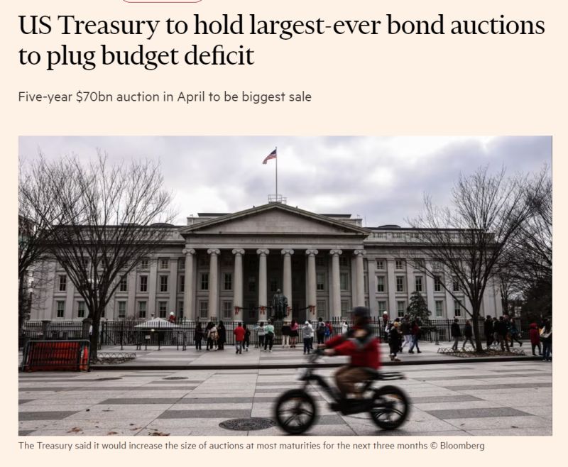 The US Treasury will hold some of its largest-ever debt auctions in the coming three months in an effort to fill the yawning federal budget deficit.