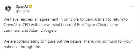 BREAKING: In a sudden turn of events, OpenAI signs agreement to bring Sam Altman back to the company as CEO