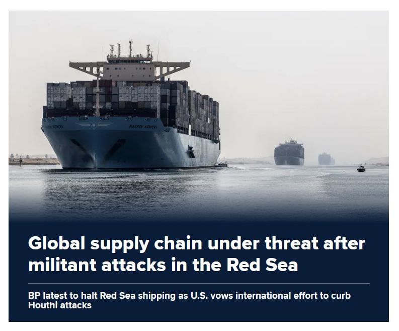 Global supply chain under threat after Iran-backed Houthi militants on ships in the Red Sea