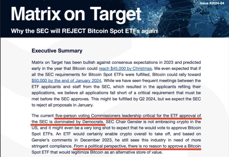 UPDATE -> Bitcoin $BTC price dumped 9% in 1 hour on the basis of a report by Matrixport predicting an SEC rejection of ALL Bitcoin ETF applications