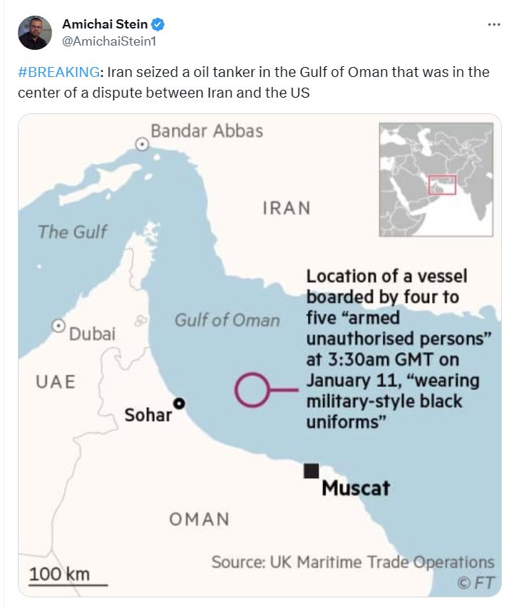 Iran seizes oil tanker involved in U.S. dispute off coast of Oman. Crude oil is up 2% on the news