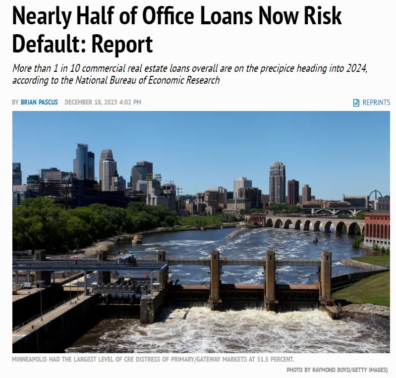 44% of office loans carry outstanding loan balances higher than the property value and are at risk of default according to a paper from the National Bureau of Economic Research