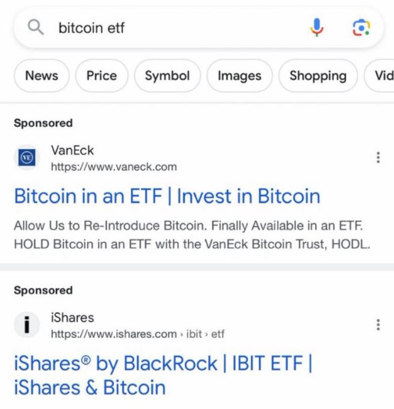 BREAKING‼️ BlackRock and VanEck Bitcoin ETF ads LIVE on Google