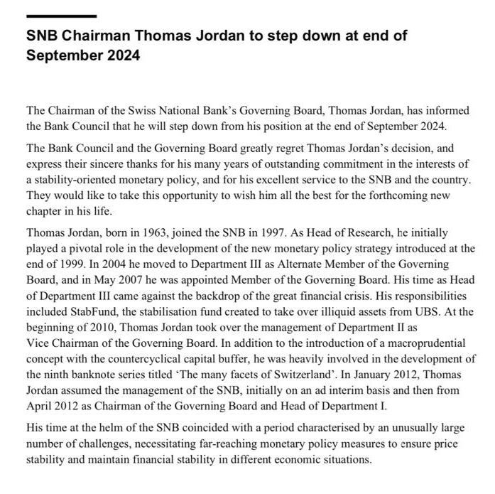 BREAKING >>> SNB Chairman Thomas Jordan to step down at the end of September 2024