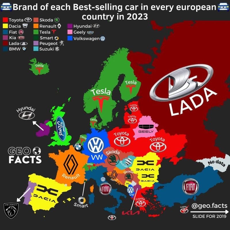 Best selling car brands in European countries, 2023
