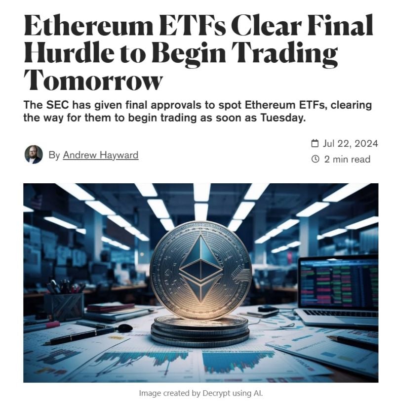 Ethereum spot ETF to start trading today (TUESDAY)