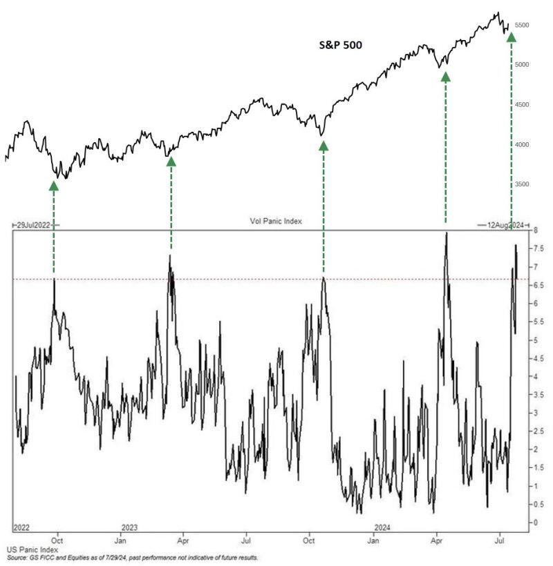 The Goldman US panic index is calculated as a rolling percentile of four equity volatility metrics