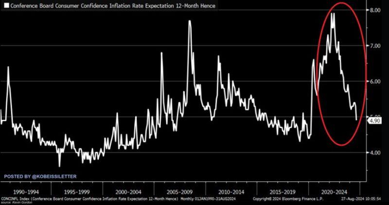 Some good news on US inflation: 1-year inflation expectations declined to 4.9% in August, the lowest since the pandemic in 2020, according to the Conference Board Consumer Confidence Survey.