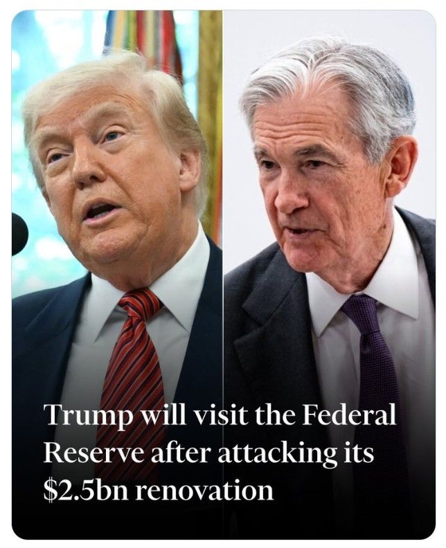 The US president will spend about an hour at the central bank, as he looks to pressure its chair Jay Powell to cut interest rates more aggressively.