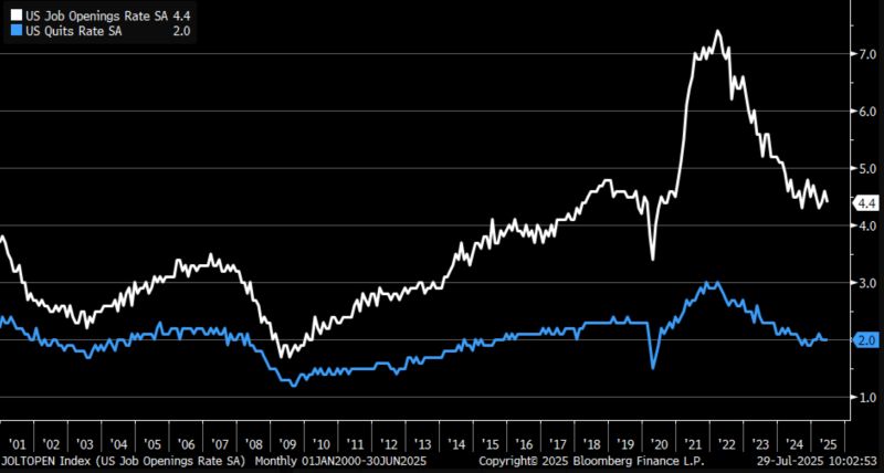 June JOLTS job openings rate (white) down to 4.4% vs. 4.6% prior ... quits rate (blue) unchanged at 2%