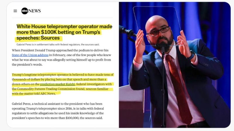 Trump's own teleprompter operator got caught betting on his speeches before he gave them, per ABC news.