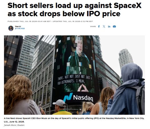 SpaceX $SPCX short sellers have now built a position equal to roughly one third of the company's public float, worth about $25 Billion