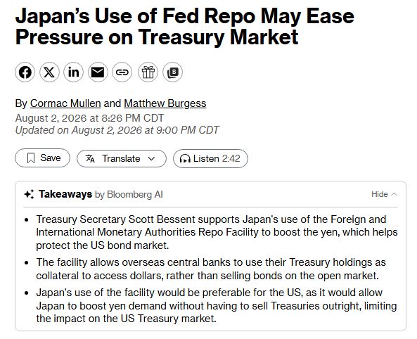 Japan will use the International Repo Facility in the future to boost the Yen and avoid having to sell U.S. Treasuries