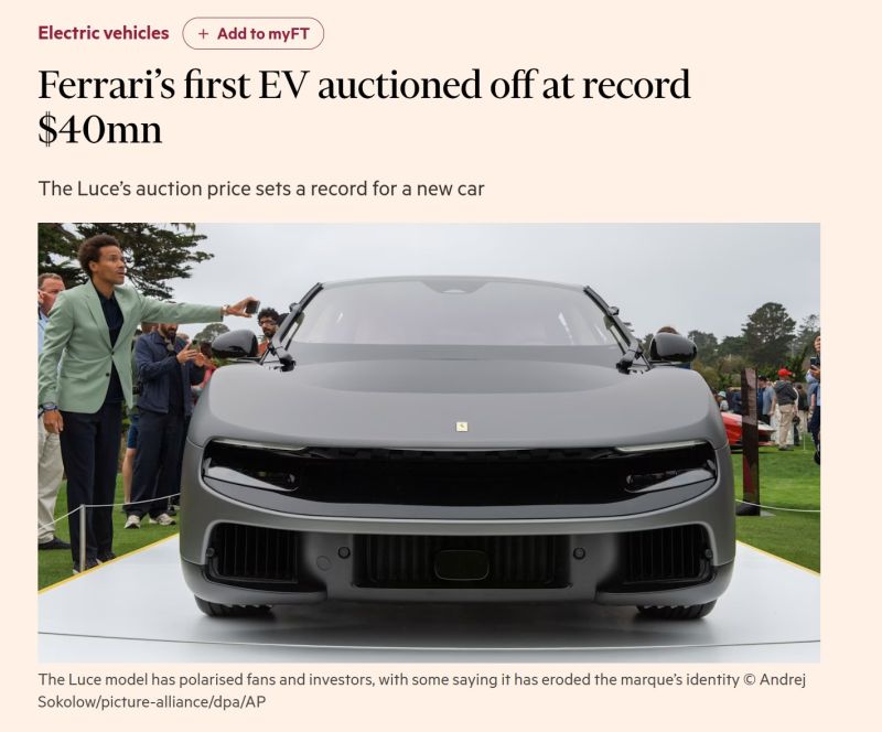 In case you missed it... Ferrari’s first fully electric car was sold for a record $40mn, making it the most expensive new car ever auctioned despite a backlash over its design.