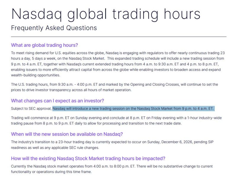 Nasdaq is introducing a new trading session from 9pm to 4am ET starting December 6, 2026.