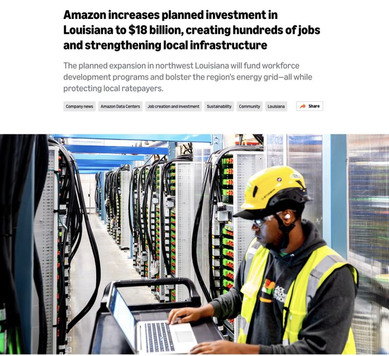 Amazon $AMZN just announced plans to grow its Louisiana data center investment from $12B to $18 billion with a third data center campus.