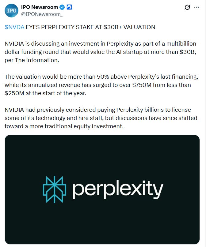 Nvidia $NVDA is reportedly in talks to invest multiple billions of dollars into Perplexity at a $30+ Billion valuation