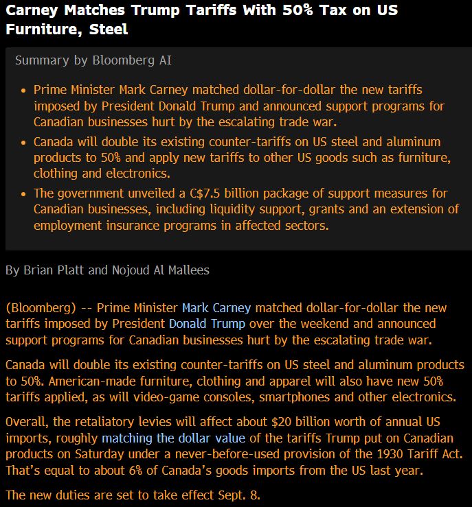 In case you missed it... Canada to double existing counter-tariffs on US steel and aluminum products to 50%, in addition to other tariffs on furniture, clothing, and electronics.